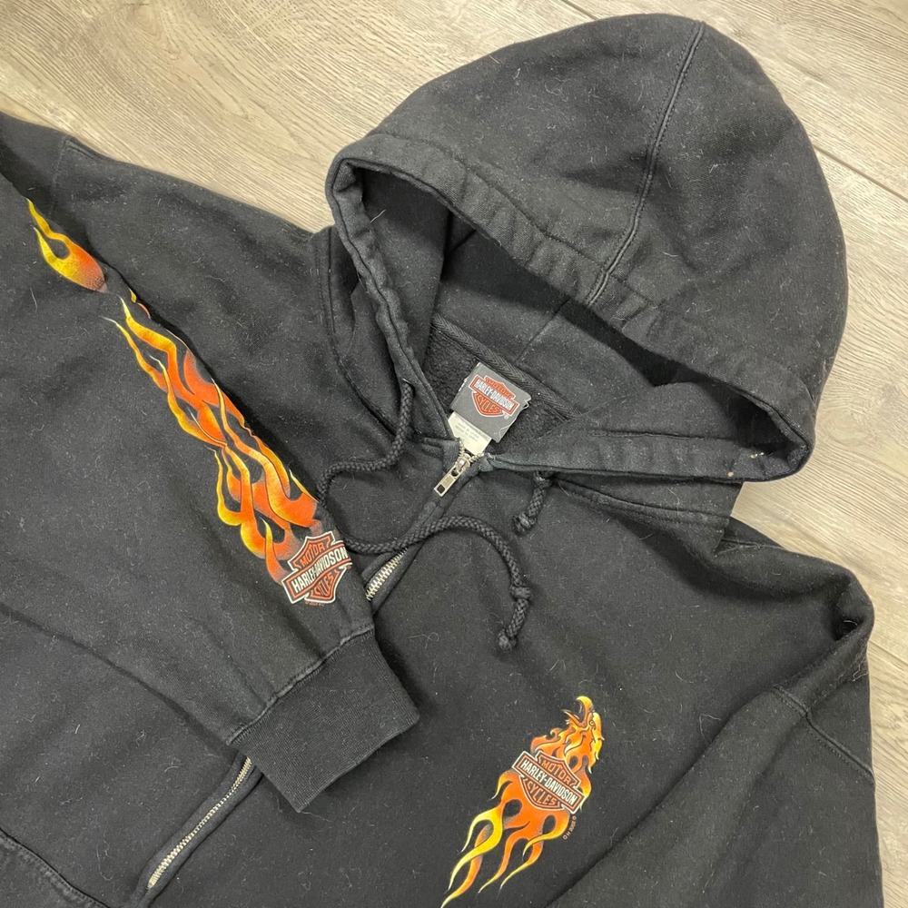 Harley-Davidson Zip Up Hoodie Mens 3XL Black Hollywood California Flame Graphic